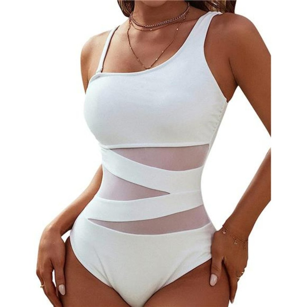Women's Sexy One Piece Bathing Suits One Shoulder Swimsuits Mesh Swimwear
